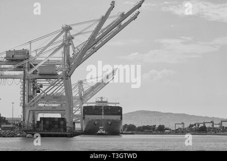 Black And White Photo Of The Giant COSCO SHIPPING Container Ship, COSCO PORTUGAL, Mooring In The Long Beach Container Terminal, California, USA. Stock Photo