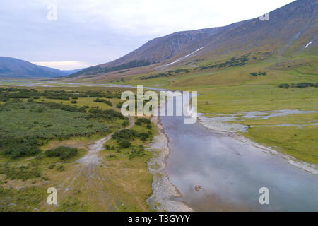 View of the Hadata River valley on a cloudy August day (shooting from the quadcopter). Polar Ural, Russia Stock Photo