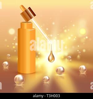 Moisture cream reservation, Improves moisture absorption for skin care. Background Vector Concept with pearls and gold drop of water in lighting Stock Vector
