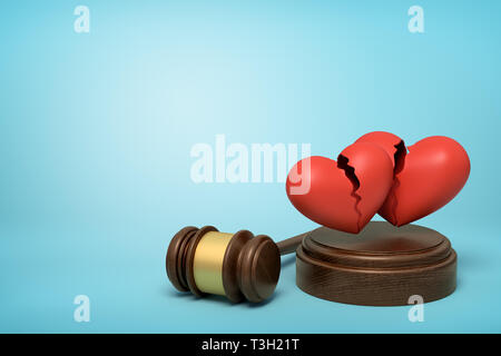 3d rendering of brown wooden gavel and two red broken hearts on round wooden block on blue background Stock Photo