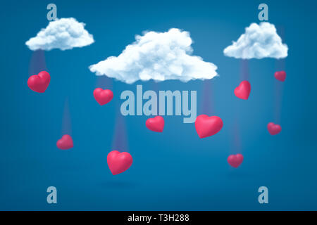 3d rendering of set of scarlet hearts falling down from three white clouds on blue background. Stock Photo