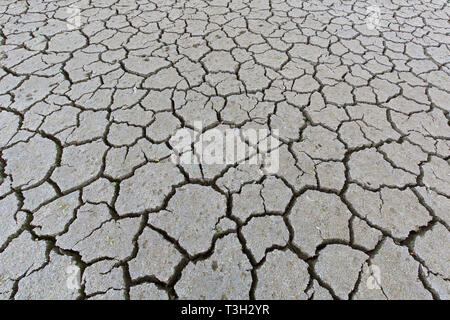 Abstract pattern of dry cracked clay mud in dried up lake bed / riverbed caused by prolonged drought in summer in hot weather temperatures Stock Photo