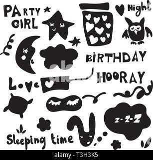 Vector night background with the moon, stars, clouds, planet and text phrases. Cute hand drawing poster with kawaii elements. Stock Vector