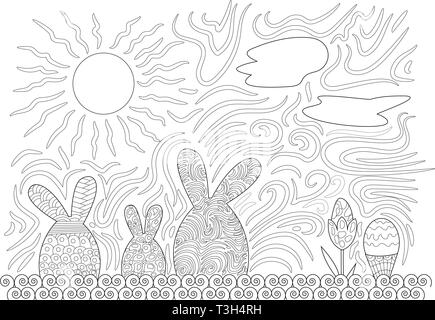 Easter Family Night Scene with Easter Egg Shaped Bunnies in Line Drawings Stock Vector