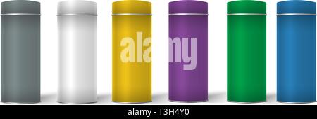 Blank Tincan packaging with different colors. Colorful gift box, tea, coffee, and other dry products. Realistic vector illustration. Stock Vector