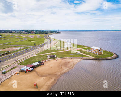 Aerial view of Encarnacion in Paraguay overlooking the San Jose beach and the bridge to Posada/Argentina. Stock Photo