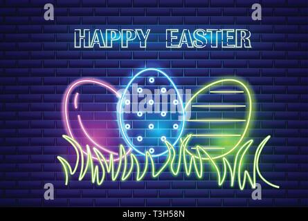 Happy Easter neon eggs symbol Vector. Seasonal Holiday banner, poster, icon, design Stock Vector