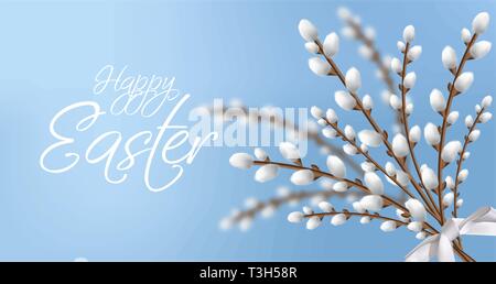 Willow branches bouquet Easter card. Happy holiday decor. Bright Blue background Stock Vector