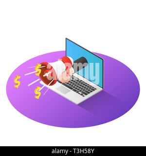 3d isometric businessman hand with megaphone come out from laptop monitor. Online business advertising and outbound marketing concept. Stock Vector