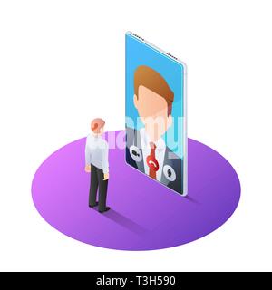 3d isometric businessman having video call with boss on smartphone. Online business consulting and video call technology concept. Stock Vector