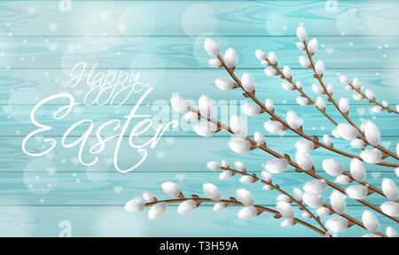 Easter card Vector realistic willow branches. Happy holiday decor. Bright Blue background Stock Vector