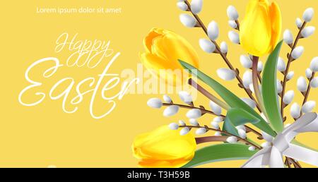 Happy Easter card with yellow tulips and willow branches. Vector realistic 3d style Stock Vector