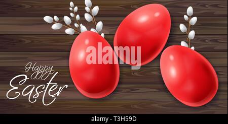 Easter eggs Vector realistic. Happy Holiday card with willow branches. Wooden texture background Stock Vector