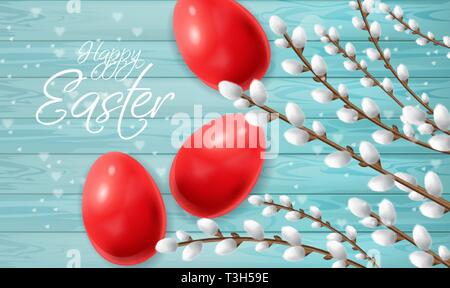 Red Easter eggs Vector realistic. Happy Holiday card with colored eggs and willow branches. Bright Blue background Stock Vector