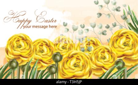 Happy Easter card yellow flowers Vector watercolor illustration. Spring floral greeting Stock Vector