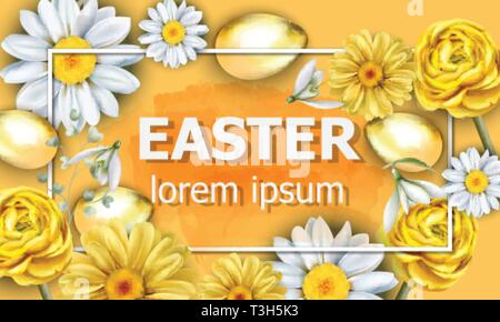 Easter card golden eggs and chamomile flowers Vector watercolor Stock Vector