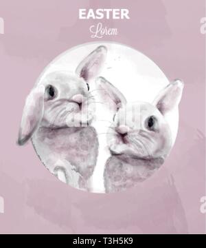 Easter bunny rabbits Vector watercolor. Cute animals card holiday. Pink background Stock Vector