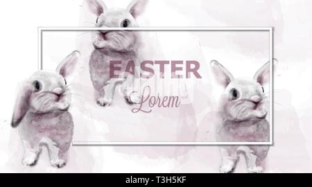 Easter bunny rabbits Vector watercolor. Cute animals card holiday. Pink background Stock Vector
