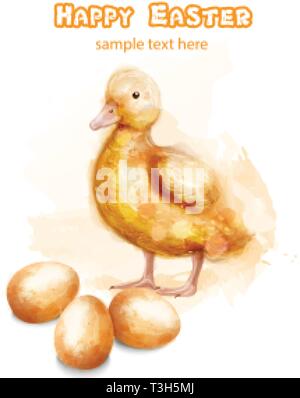 Easter ducky Vector watercolor card. Happy Easter greetings with bud and egg Stock Vector