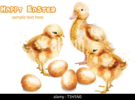 Easter ducky and chicks Vector watercolor card. Happy Easter greeting Stock Vector
