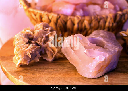 rock crystal tealightholder and desert rose on a table closeup macro Stock Photo