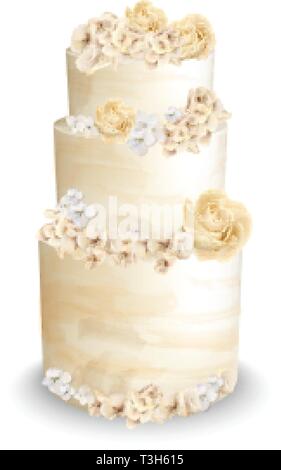 Wedding cake with flowers Vector watercolor. Vintage delicious white cake with decoration Stock Vector