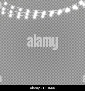 Christmas lights isolated realistic design elements. Glowing lights for Xmas Holiday greeting card design. Garlands, Christmas decorations. Stock Vector