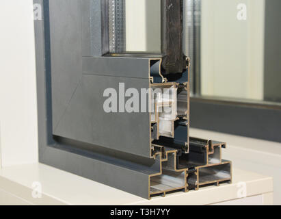 Aluminium Window Frame Profile. Energy Efficient Windows Cross Section. Three Transparent Glass. Stock Photo