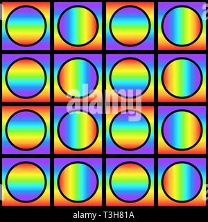 Geometric seamless pattern with multicolored gradient squares and circles, rainbow color abstract ornament, prism graphic texture. Decorative geometry Stock Vector