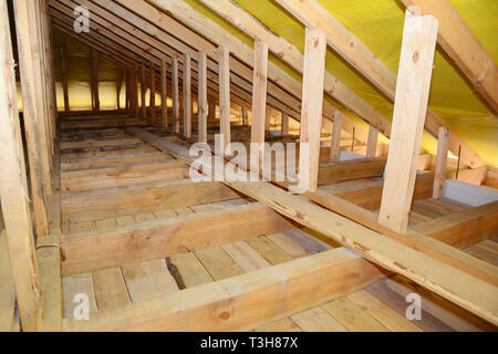 Roofing Construction Interior. Wooden Roof Beams,  Frame House Attic Construction. Stock Photo