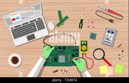 Hands of engineer with digital multimeter check computer electronic circuit board. PC hardware. Components for personal computer. Service, recovery, w Stock Vector