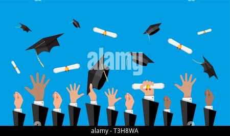 Hands of graduates throwing graduation hats and diplomas in the air. Concept of education. College or university ceremony. Vector illustration in flat Stock Vector