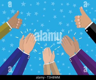 Human hands clapping. Applaud hands and hold thumbs up. Vector illustration in flat style Stock Vector