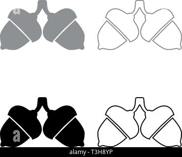 Two acorn icon set black grey color vector illustration flat style simple image Stock Vector
