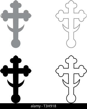 Cross trefoil shamrock on church cupola domical with half-moon Cross monogram Religious cross icon set black grey color vector illustration flat Stock Vector