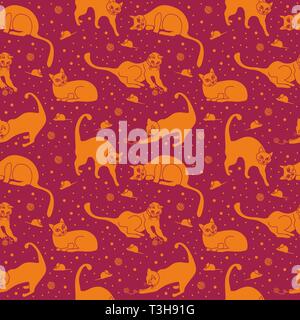 Seamless pattern, funny cats in everyday poses, playing in burgundy space among the tangles and mice, vector illustration Stock Vector
