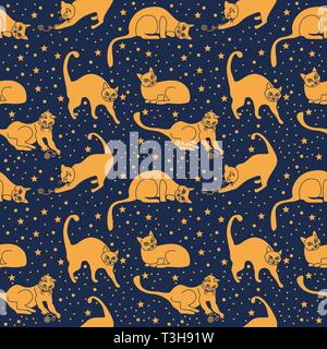 Seamless pattern, funny cats in everyday poses, playing in burgundy space among the tangles and mice, vector illustration Stock Vector