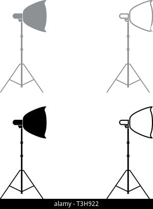 Spotlight on tripod Light projector Softbox on tripod Tripod light Equipment for professional photography Theater light icon set black grey color Stock Vector