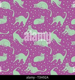 Seamless pattern, cute doodle cats in everyday poses, playing in the lilac space among the stars, vector illustration Stock Vector