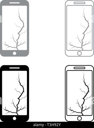 Smartphone with crack on display Broken modern mobile phone Shattered smartphone screen Phone with broken matrix of screen Cell phone with cracked Stock Vector