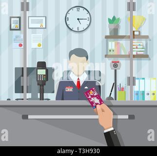 Bank teller behind window. Hand with bank card. Books, cup, plant, clocks, computer and keypad terminal. Depositing money in bank account. People serv Stock Vector