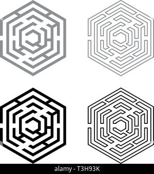 Hexagonal Maze Hexagon maze Labyrinth with six corner icon set black grey color vector illustration flat style simple image Stock Vector