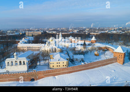 View of the Kremlin in Veliky Novgorod on a January afternoon (aerial photography). Russia Stock Photo