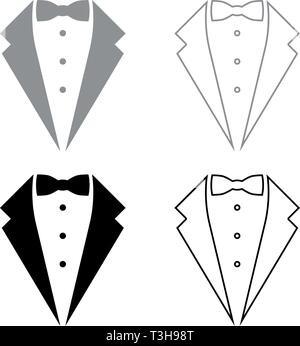 Symbol service dinner jacket bow Tuxedo concept Tux sign Butler gentleman idea Waiter suit icon set black grey color vector illustration flat style Stock Vector