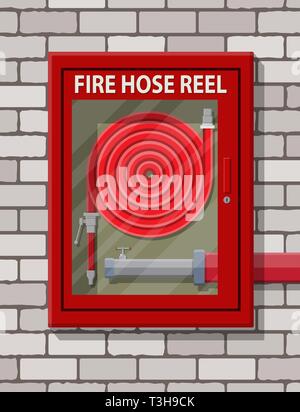 Water hose to extinguish the fire in cabinet at brick wall. Fire equipment. Vector illustration in flat style Stock Vector