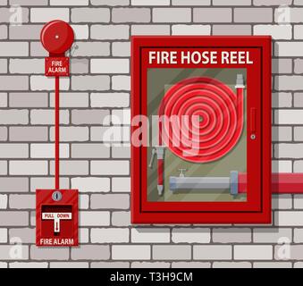 Water hose to extinguish the fire in cabinet and alarm system at brick wall. Fire equipment. Vector illustration in flat style Stock Vector
