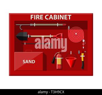 Fire cabinet. Firefighting set. Fire protection equipment. Vector illustration in flat style Stock Vector