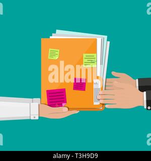 Orange documents folder with paper sheets and sticky notes in hand. Vector illustration in flat style Stock Vector