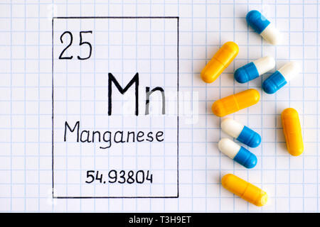 Handwriting chemical element Manganese Mn with some pills. Close-up. Stock Photo