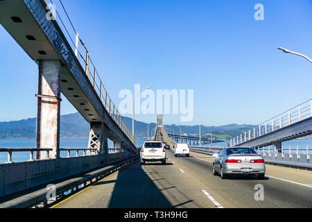 March 31, 2019 Richmond / CA / USA - Driving on Richmond - San Rafael bridge (John F. McCarthy Memorial Bridge), San Francisco bay, California Stock Photo